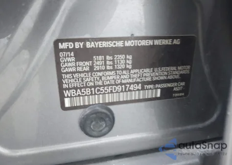 2015 BMW 535I из США, поврежденный, VIN WBA5B1C55FD917494